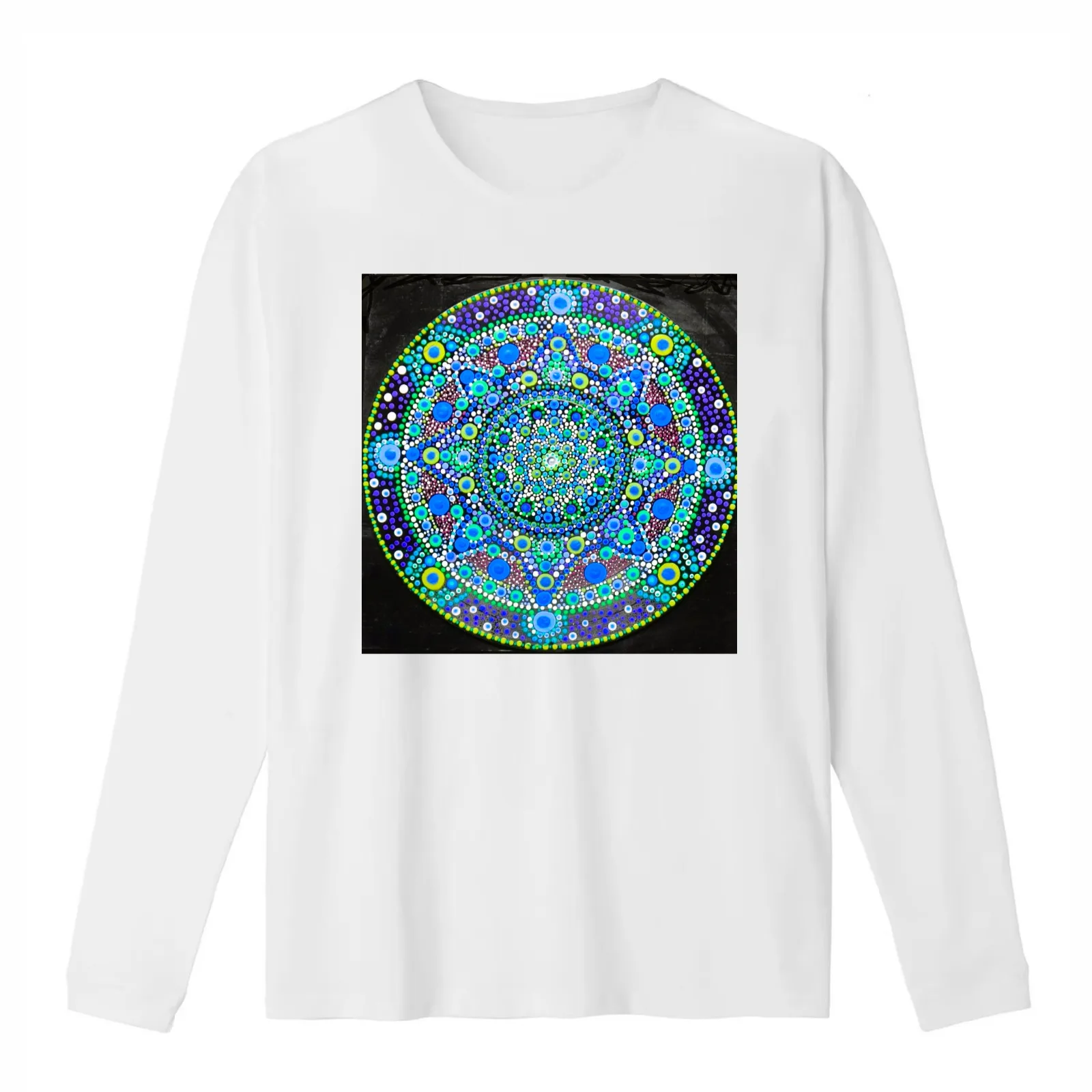 Mandala Blue Green Starburst: Waves of Tranquility Mandala T-Shirt Summer Casual Cotton Tee Oversized Streetwear Tops