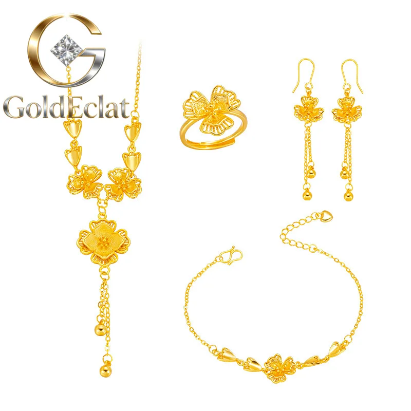 GoldEclat  Luxury 24K 9999 Pure Gold real gold Gold Store Same Petal Tassel Lilac Set Chain Bracelet Women's Engagement Ring Bra
