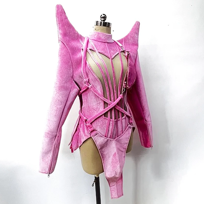 2026 Sexy Pink Velvet Bodysuit Stand Shoulder Singer Dancer Stage Costume Drag Queen Clothing Gogo Dance Wear Rave Outfit yj010
