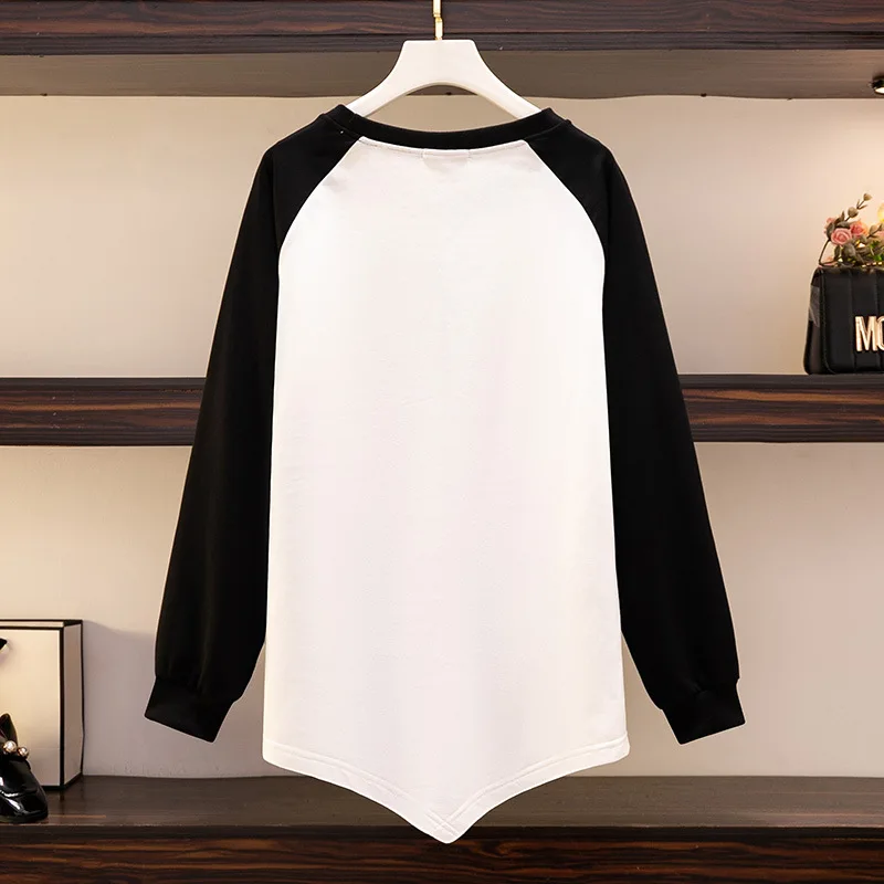 150กก.Plus ขนาดผู้หญิงหน้าอก153ฤดูใบไม้ร่วงหลวมใหม่ Raglan Sleeve พิมพ์เสื้อยืดแขนยาวสีขาว5XL 6XL 7XL 8XL 9XL