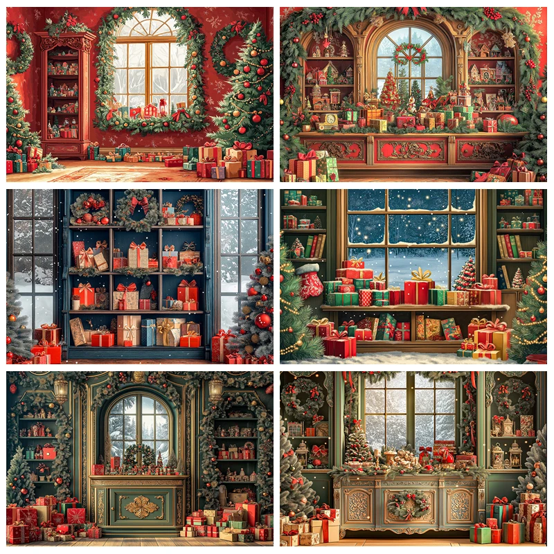 

Christmas Photography Backdrop Ornate Cabine and Gifts Kids Baby Cake Smash Background Child Adult Photo Studio Props Supplies