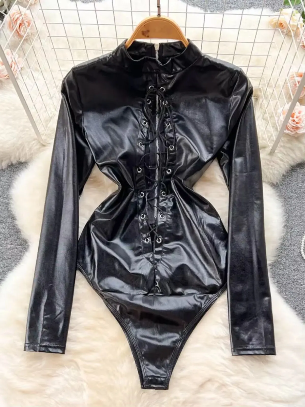 ssTss Sexy Women Bodysuits Elegant Black PU Leather Stand Collar Long Sleeve Lace-up Hollow Out Skinny Club Party Body Tops