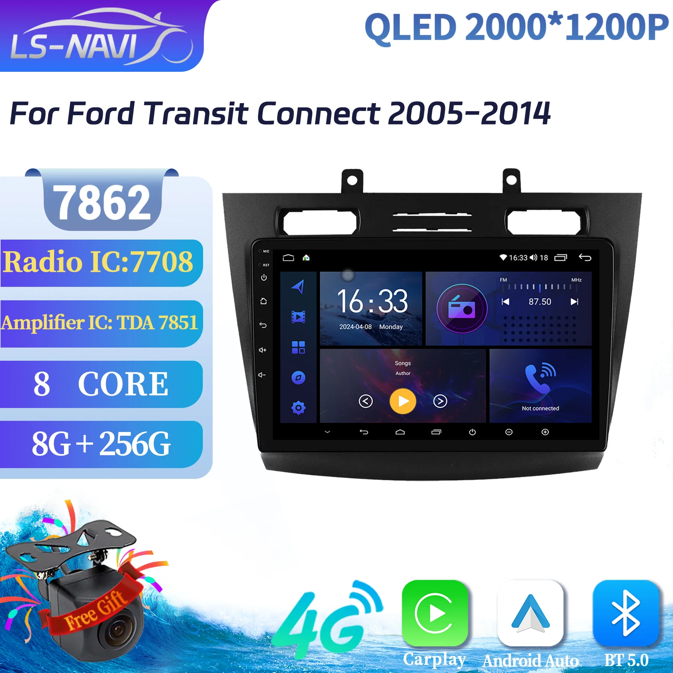 

Автомобильный радиоприемник Android 14, для Ford Transit Connect 2005-2014, мультимедийная навигация, Bluetooth, стерео, беспроводной Carplay, 2K QLED экран