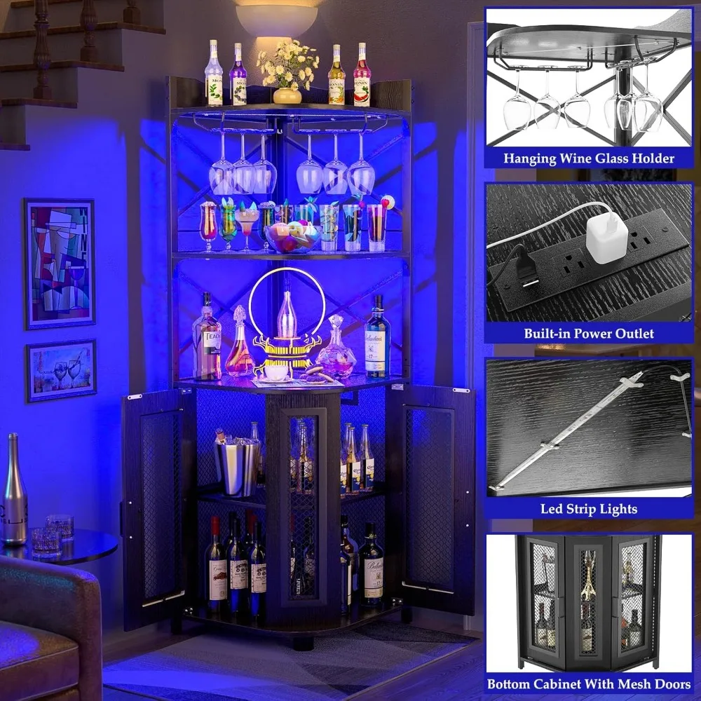 Corner bar cabinet with power outlet, 5-tier industrial wine cooler with LED strip, glass stand, corner display cabinet for home