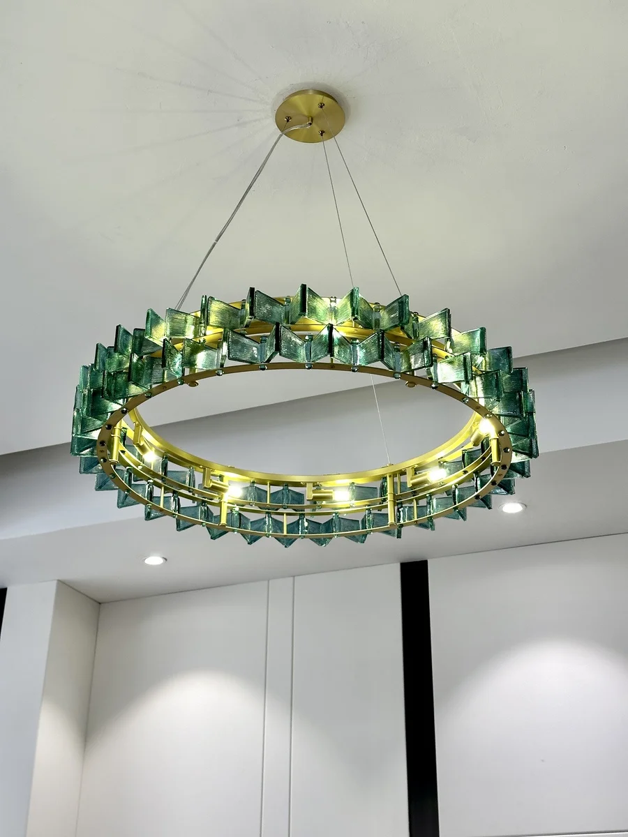 2026 New Handmade Glass Pendant Chandelier with Full Set of E14 Bulbs Blue Amber Clear Light Electroplating Lamp Body