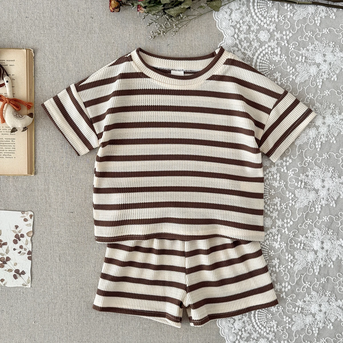 Baju Bayi Musim Panas Warna Krem Set Celana Pendek T-shirt Bergaris Anak Laki-laki Set Celana Pendek Rompi Anak Perempuan Bernapas 0-3 Tahun