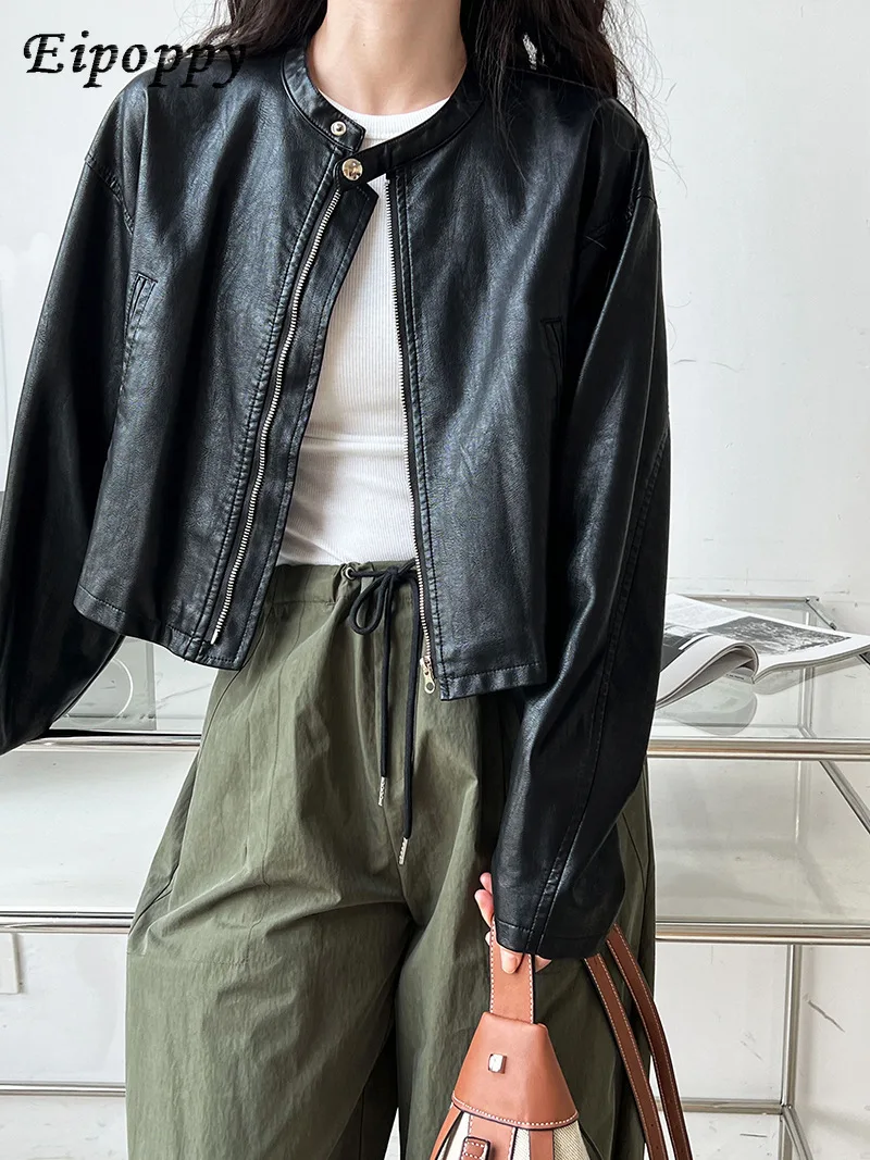 Casaco de couro curto com zíper vintage com gola, roupas para motocicletas, jaqueta