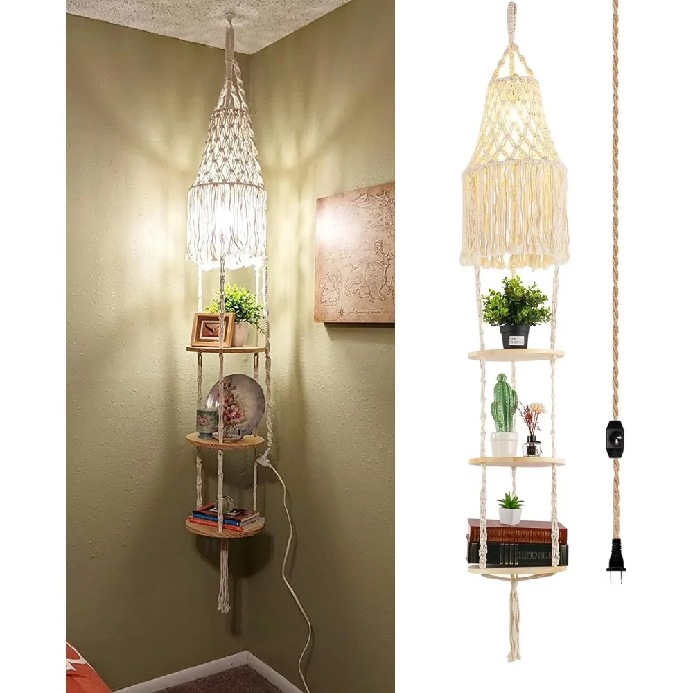 Lampada a sospensione Boho plug-in con interruttore dimmerabile, paralume in macramè e scaffale per piante per arredamento bohémien