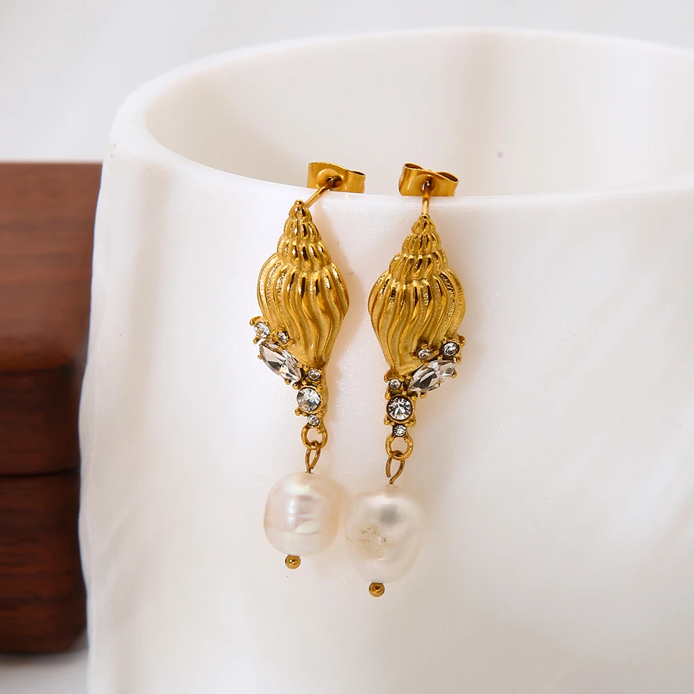 

Conch Cubic Zirconia Freshwater Pearl Pendant Drop Earrings 18K Gold Plated Stainless Steel Waterproof Ear Jewelry for Women