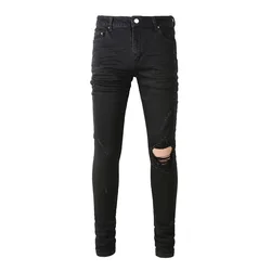 Men Classic Black Jeans Stretch Denim Holes Ripped Skinny Pants Streetwear Tapered Trousers High Quality