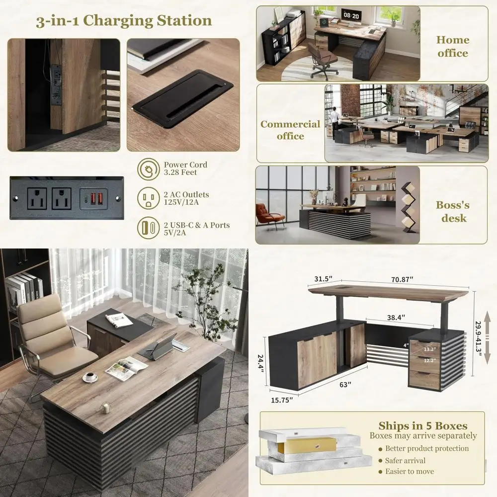 

Угловой стол-трансформер с ящиками, большой регулируемый по высоте стол для домашнего офиса с кабель-менеджментом, портами AC/USB, черный и серый цвета