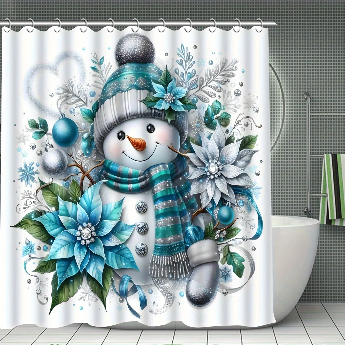 4-piece Christmas digital print shower curtain decoration, waterproof shower curtain and toilet mat three-piece set