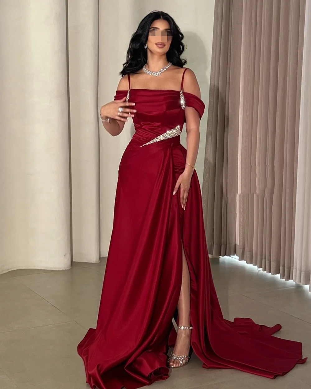

Customized Modern Style Retro Rhinestone Pleat Ruched Draped A-line Off-the-shoulder Long Dresses Evening Dresses High Quality