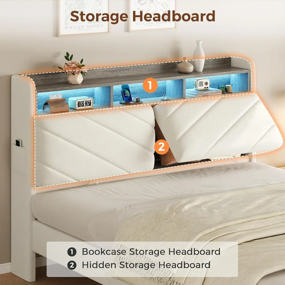 

Queen Size Velvet Bed Frame with Ergonomic Headboard, Upholstered Platform Bed with LED Light & Charging Station, Customized