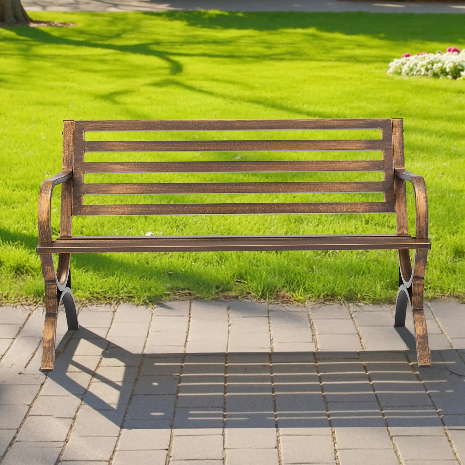 Banc de jardin extérieur de 127 cm, siège de patio en métal avec dossier à lattes et accoudoirs arrondis, capacité de 250 kg, bronze antique
