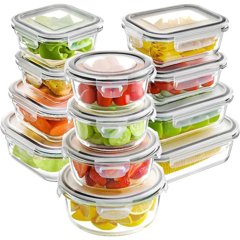 24pc Glass Food Storage Containers with Lids, Glass Meal Prep Containers, Airtight Glass Bento Boxes, BPA Free & Leak Proof