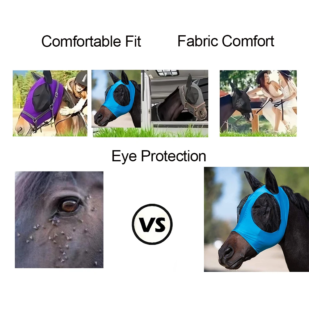 Horse Face Mask Anti Fly Breathable Stretch Knitted Mesh Anti Mosquito Mask Horse Equestrian Equipment Bug Repellent Headgear