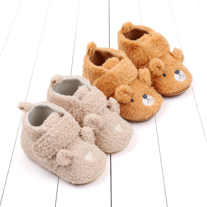 COMFY KIDS Baby Cute Bear Fleece Lined Walker Shoes, Soft Elastic Non-Slip Warm Toddler Slippers, Winter Hook-and-Loop Indoor Ou