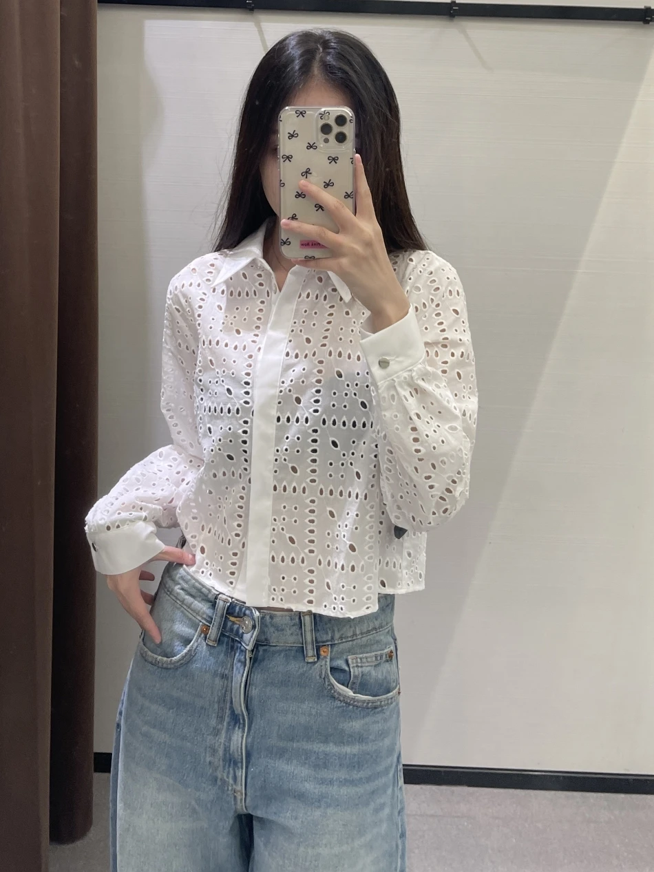 

Новая весенняя женская повседневная свободная блузка с вышивкой, ажурным воротником и длинными рукавами из дышащего полиэстера