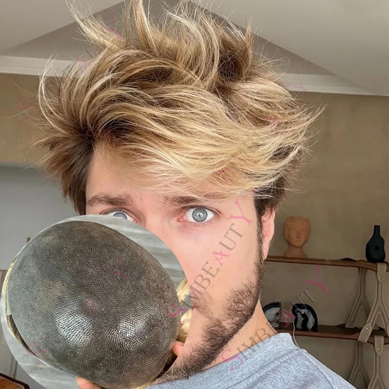 0.06 ملم جلد رقيق للغاية # 4T613 #   شعر مستعار للرجال أشقر متدرج غير قابل للاكتشاف، خط شعر طبيعي 100%، نظام استبدال شعر بشري رمادي