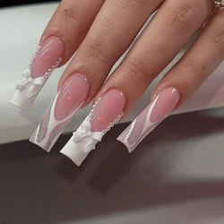 24Pcs White Butterfly False Nails Long Ballet Coffin Pearls with French Design Wearable Fake Nails Full Cover Press on Nail Tips