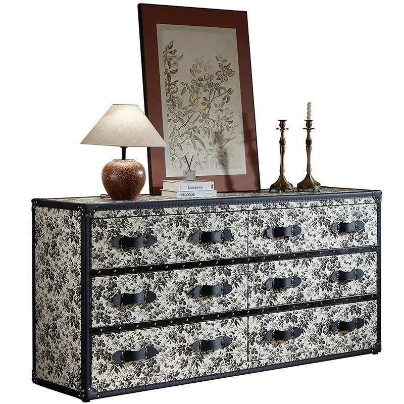 French medieval black and white forest ink flower thought bud printing side cabinet drawer storage porch six chest cabinet