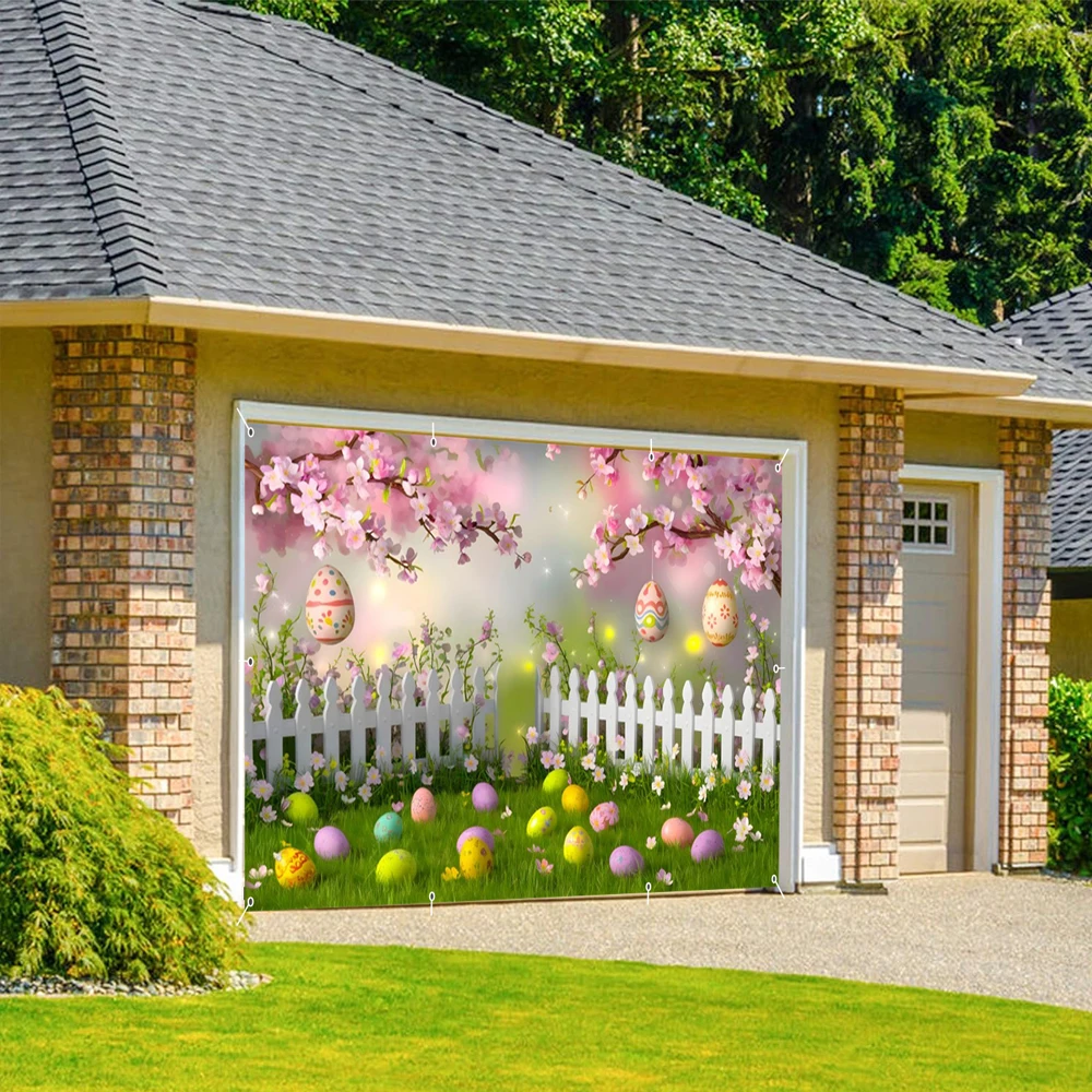 Spring Garage Door Decoration Backdrop Flowers In Full Bloom Natural Scenery Wooden Fence Garage Door Wall Photo Background