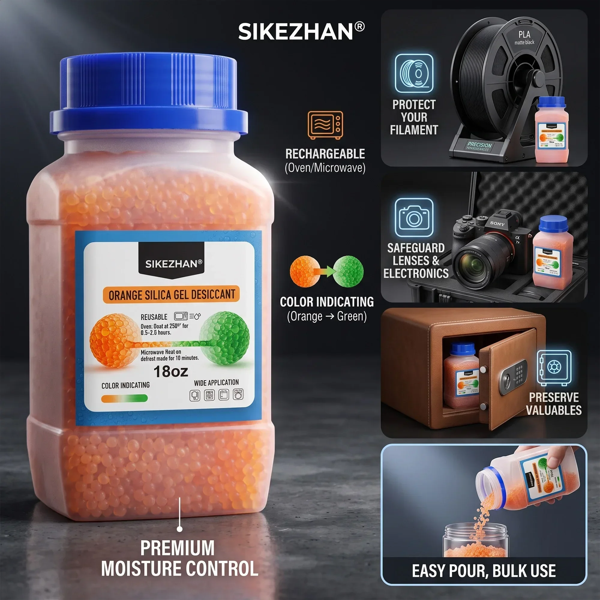 3D Printer Filament Desiccant Orange Silica Gel Beads Color Indicating Rechargeable Moisture Absorber for Dry Box Camera view 3