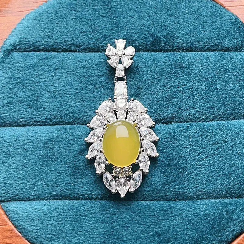 

925 Silver luxury Pendant Natural Chalcedony Pendant with Certificate 9mm*11mm 2ct Real yellow chalcedony Silver Jewelry