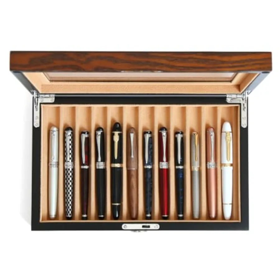 

Wooden Pen Display Case 12 Slot Lockable Fountain Pen Storage Box, Brown Collectors Display with Glass Top, Gift for Men