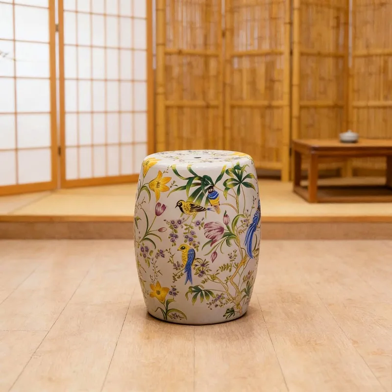 

High-temperature ceramic flower and bird drum bench, ceramic pier, national style living room side table