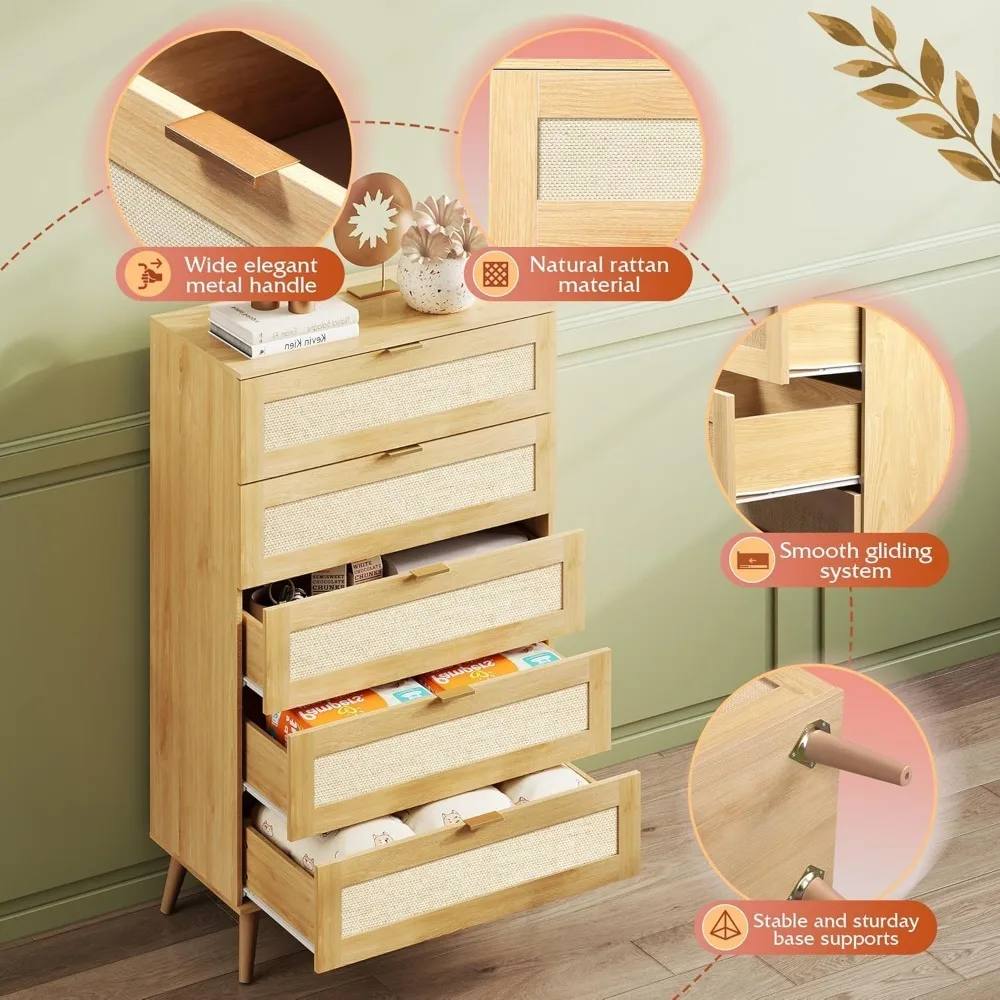 Drawer Dresser for Bedroom, Wood Dresser Storage with Rattan Drawers, Gold Metal Handle,Chest of Drawers for Living Room,Closet