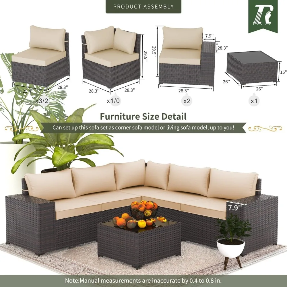 Outdoor Patio Furniture Set, 6 Pieces All Weather Patio Sectional Sofa PE Wicker Sets with Coffee Table,5 Chairs & Seat Clips