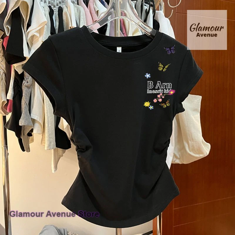 어깨 자수 꽃무늬 패션 반팔 티셔츠 여성 봄 여름 신상 패션 디자인 탑.