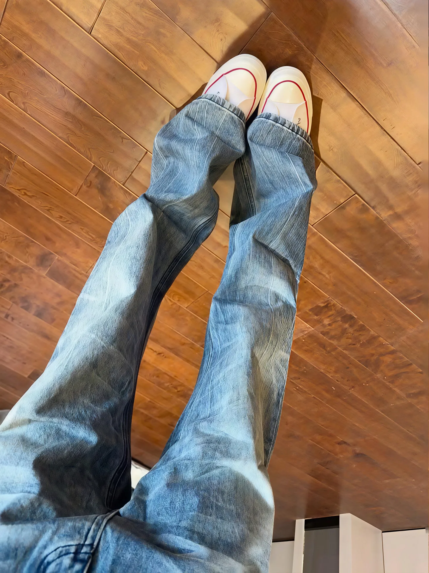 Blue Lightning Pattern Slim Fit Jeans Men's Summer Thin American High Street Straight Leg Pants Wear Resistant Casual Jeans