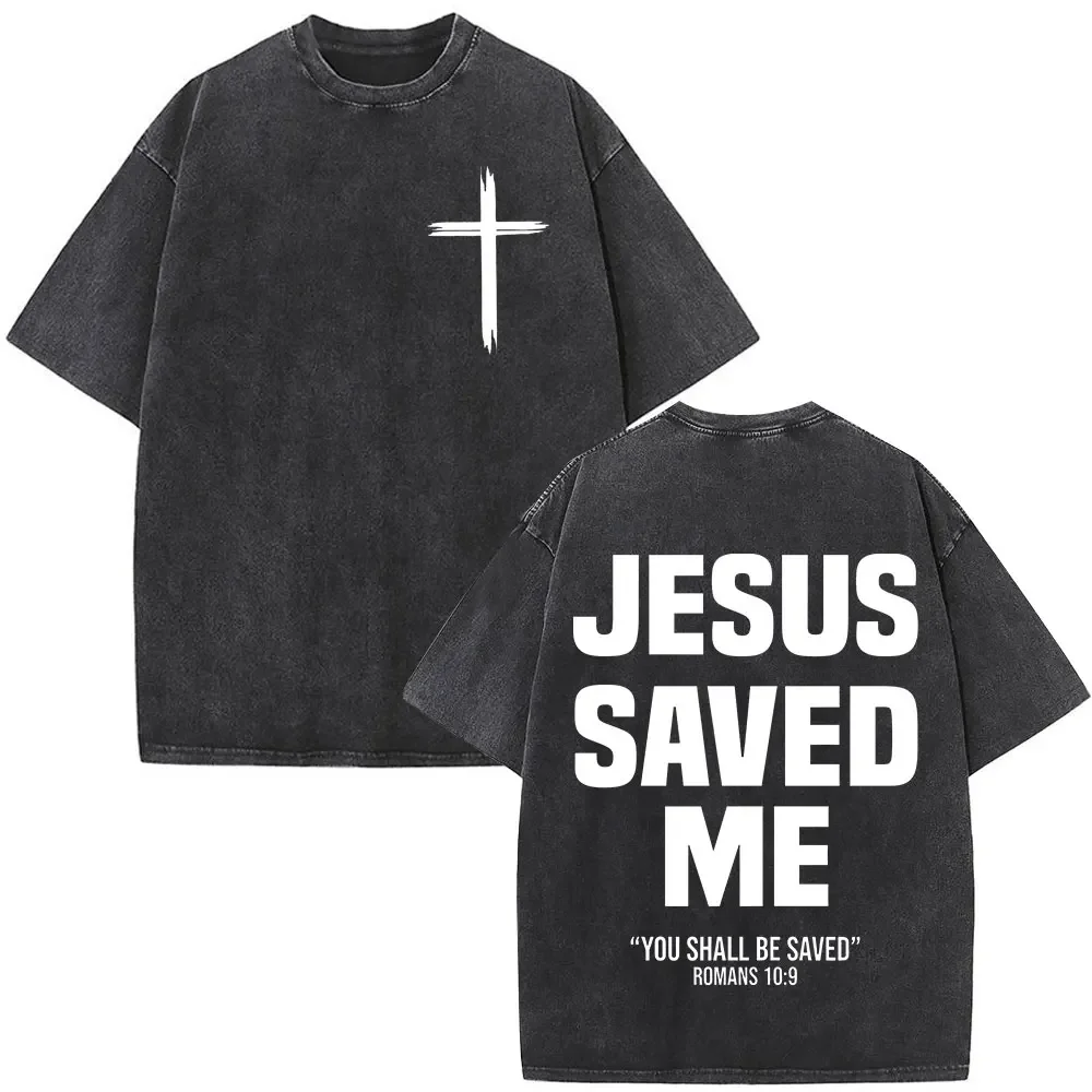 Washed Vintage Christian Jesus Saved Me Bible Verse Tshirt Unisex Fashion Casual Streetwear Men's Women Oversized Cotton T-shirt