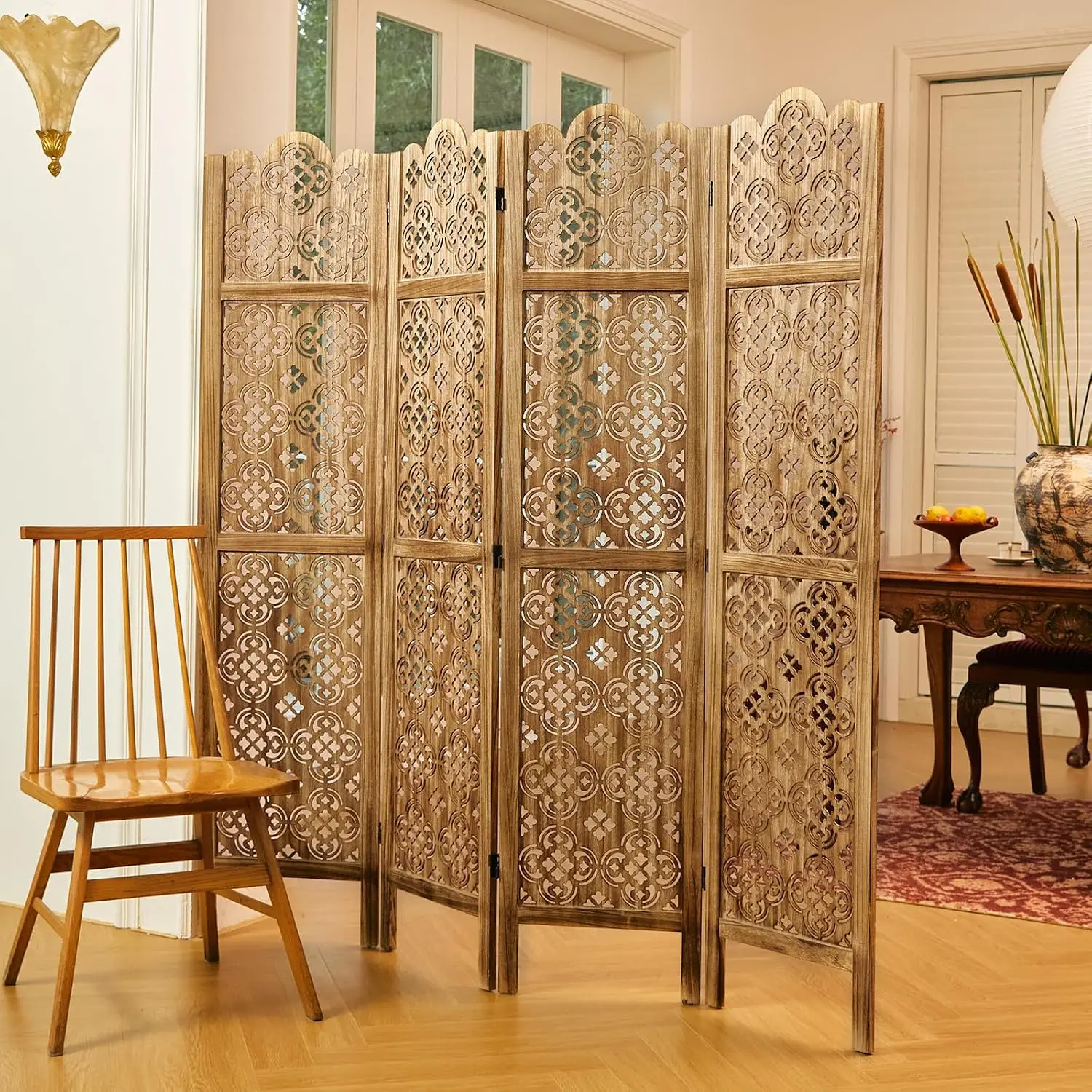 68.9Inch Folding Room Divider, 4 Panels Wood Carved Privacy Screen for Home Office Restaurant Bedroom, Customized