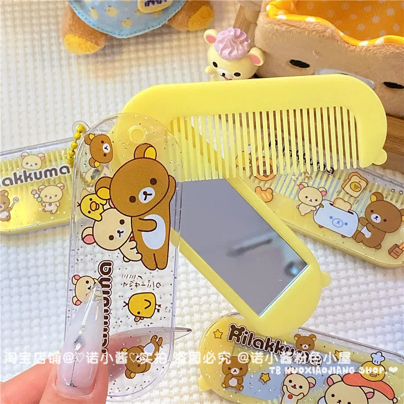 Rilakkuma Comb With Mirror Anime Relax Bear Mini Hair Brush Women Travel Portable Folding Bangs Combs Looking Glass Girls Gift - view 5