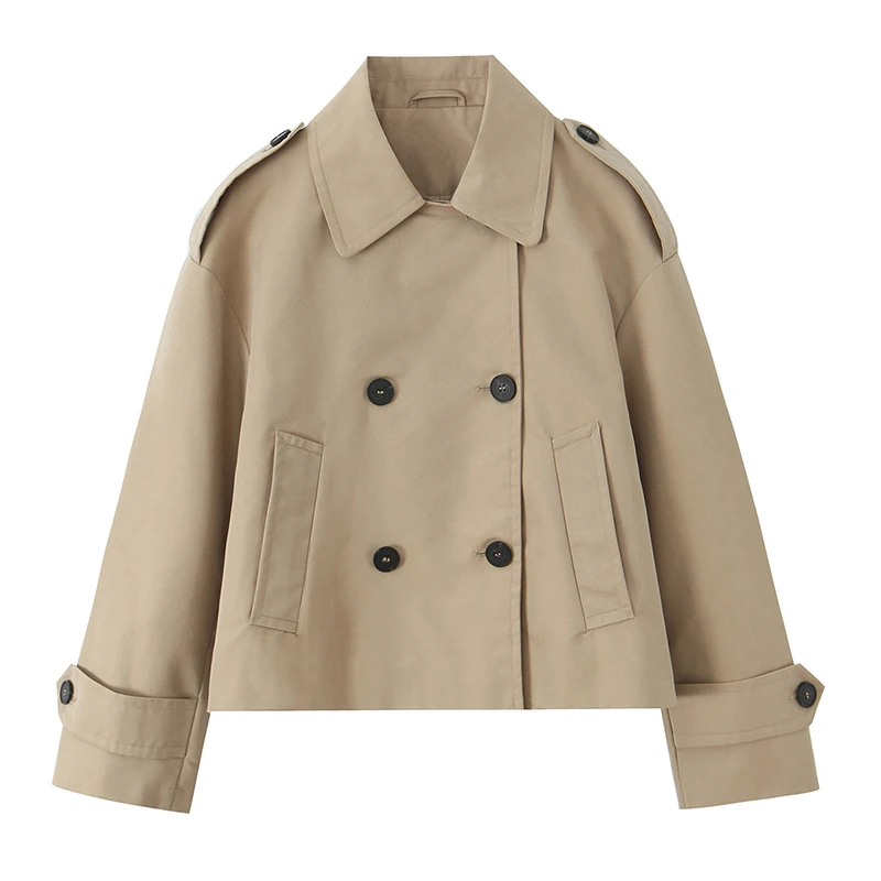 Willshela Women Fashion Khaki Double Breasted Short Trench Jacket Vintage Notched Neck Long Sleeve Female Chic Lady Coat Outfits