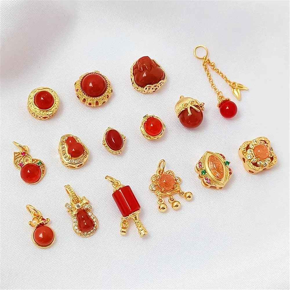 

24K Gold-plated and Inlaid Nan Red PI Xiu Agate Gourd Pendant Diy Bracelet Necklace Handcrafted Jewelry Accessory