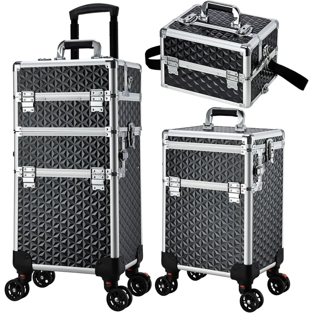 Large Rolling Makeup Case with Wheels, 3-in-1 Transformable Cosmetic Trolley for Salon Professionals and Travel