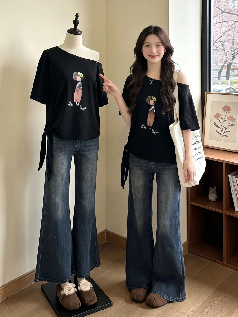 Slimming Effect Women's T-Shirt Shoulder Bared Design Summer New Style plus Size Belted Waist Control Short Sleeve Top
