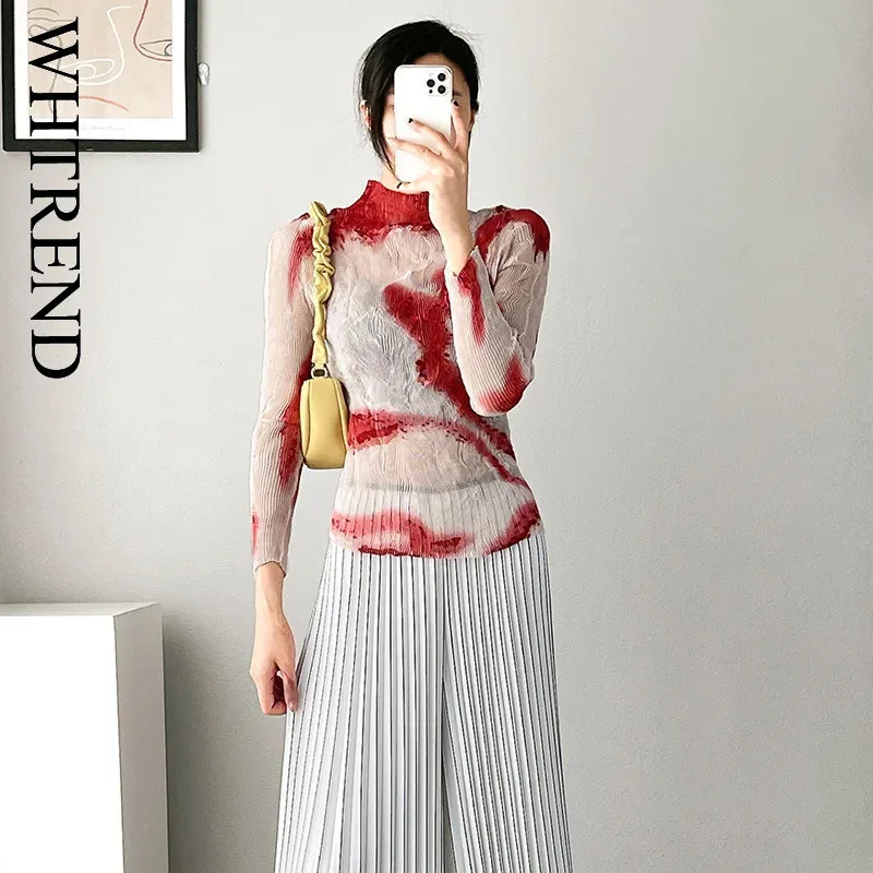

WHTREND Pleated Long Sleeves Top For Women Thin Transparent Design Printed Turtleneck Slim T-Shirt WH1168