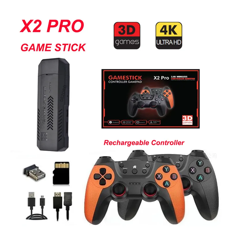 

X2 Pro Ретро игровая консоль Stick 4K 3D беспроводные контроллеры HD выход перезаряжаемый контроллер 64G/128G 40000+ игр