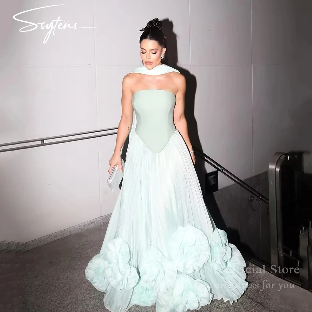 

SSYTENS Mint Blue Chiffon Evening Dress Strapless A Line Lace Up Wedding Prom Party Dresses Customized Elegant Formal Prom Gowns