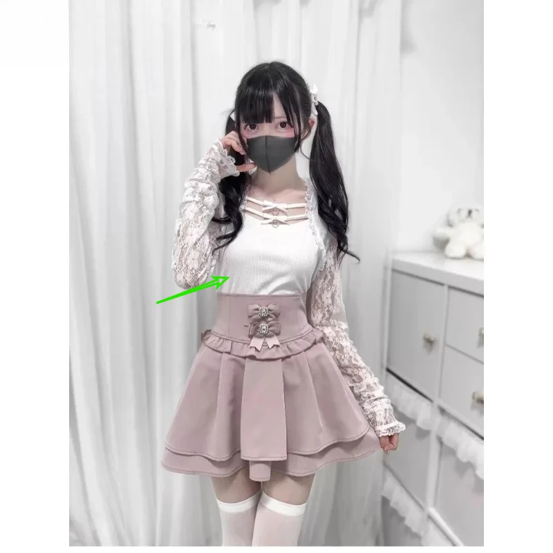 Słodkie, urocze dziewczęce uniwersalne bluzki z długim rękawem, japońskie wiosenne i letnie nowe bluzki z kokardkami, koronkowymi wstawkami i dzianinowymi topami.