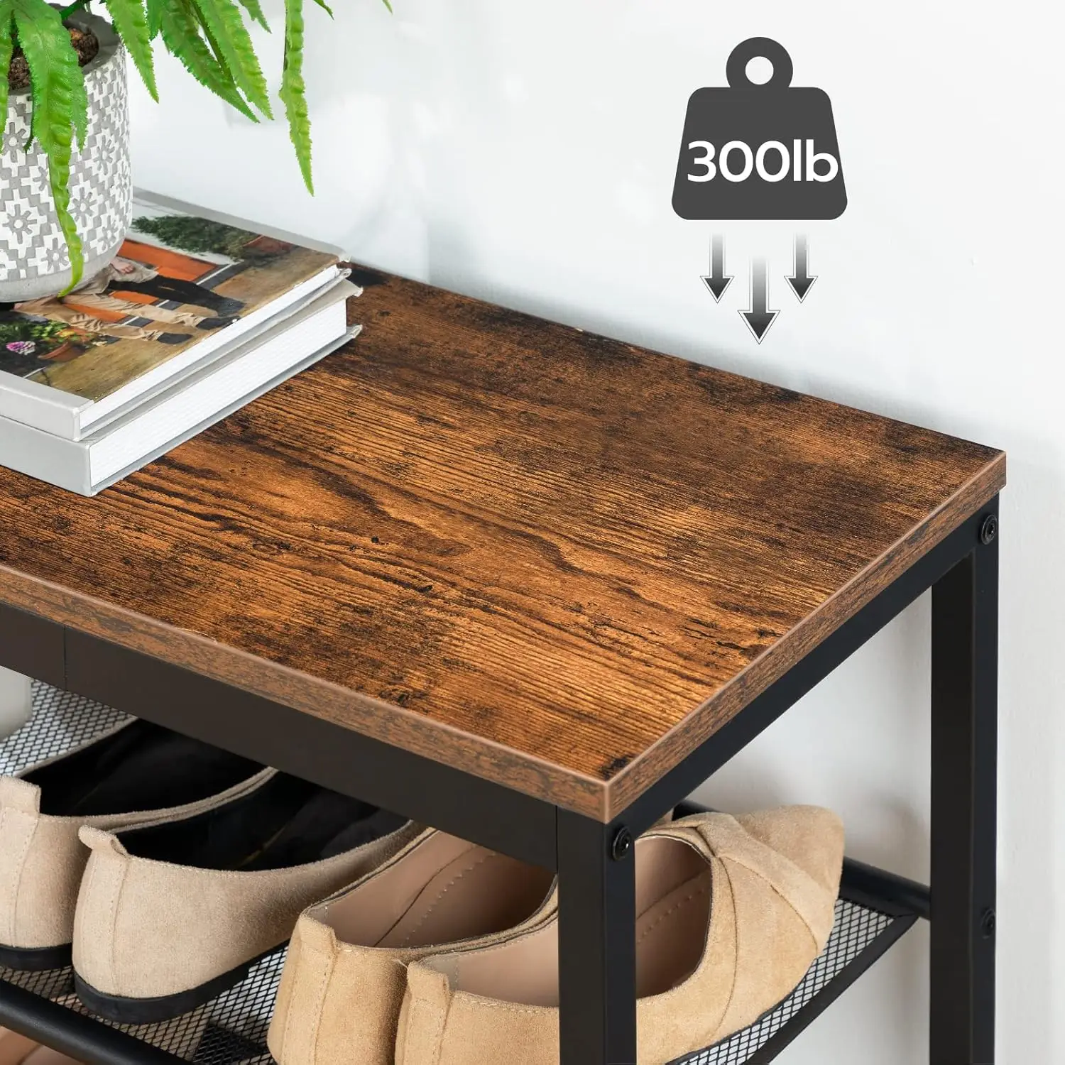 3-Tier Shoe Rack Bench with Mesh Shelves, Rustic Brown Entryway Storage, Easy Assembly for Living Room