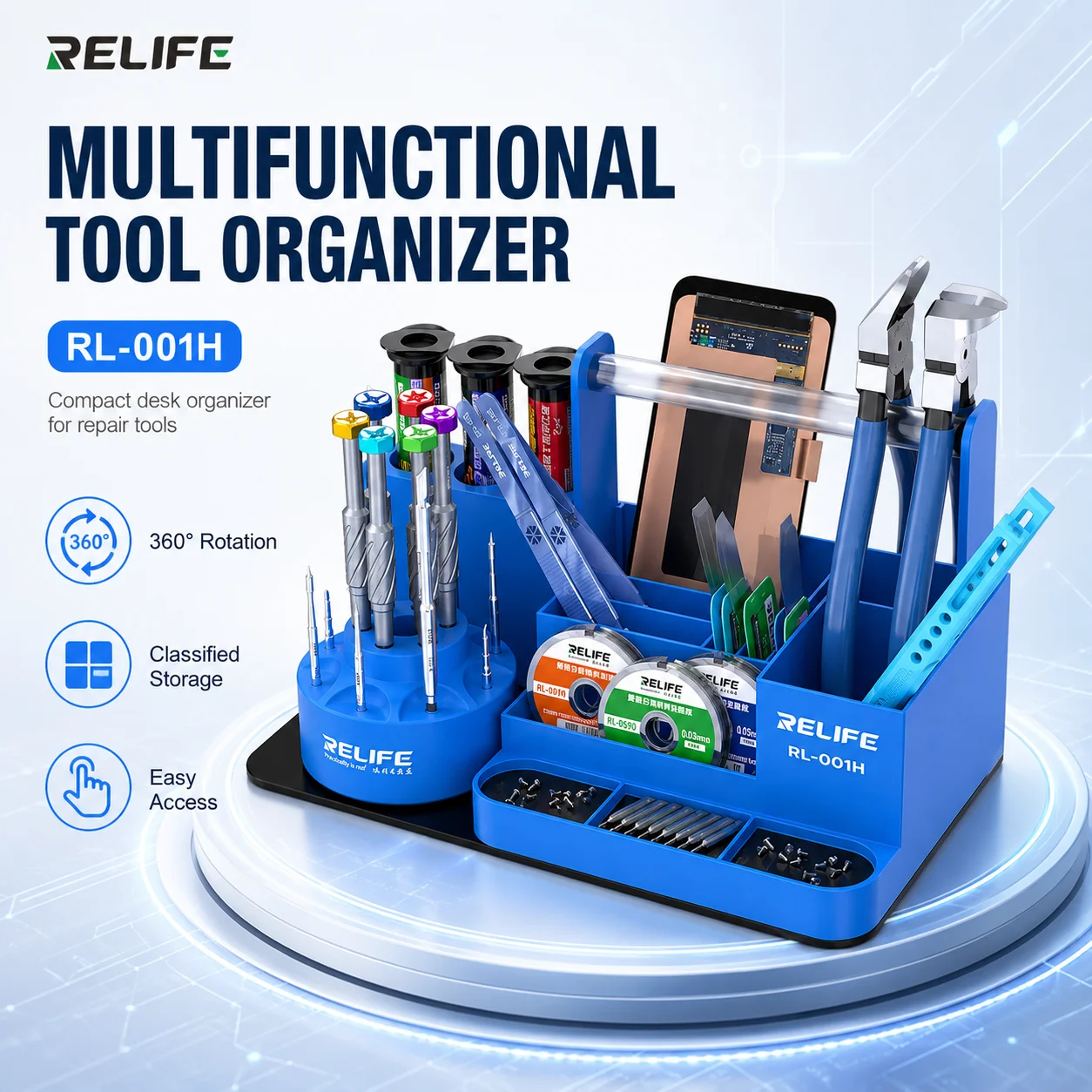 RELIFE RL-001H 360 Rotating Repair Storage Rack Classified Organizer Stand for Phone Tool Parts Workshop Maintenance Tool Holder