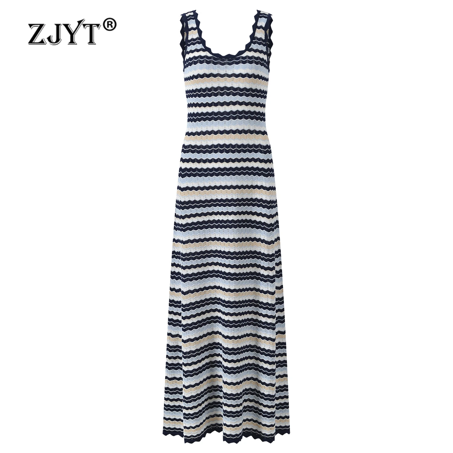 ZJYT Summer New 2026 Fashion Long Knit Dresses for Women Sleeveless Striped Casual Vintage Tank Holiday Beach Dress Vestidos