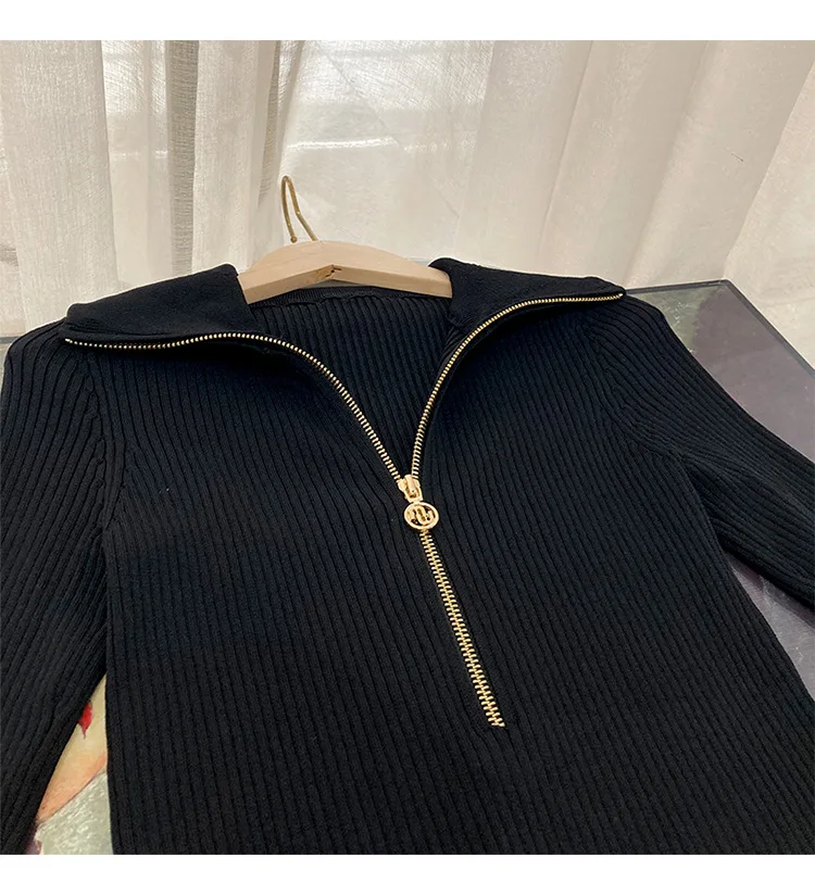 Polo collar knit sweater new letter zipper, slim fit for women, ice silk mid sleeved top, new for early summer 2024